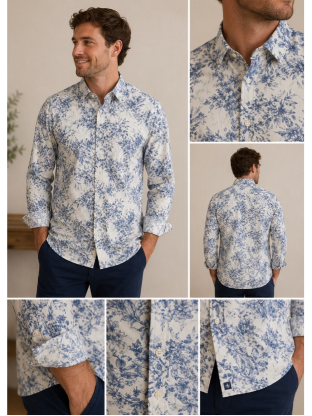 Men's Crown & Ivy Floral Button Down Shirt Size M White Blue Summer